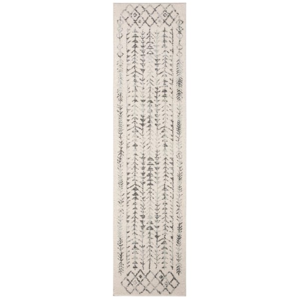 Tulum Ivory/Gray 2 ft. x 13 ft. Border Tribal Diamonds Runner Rug