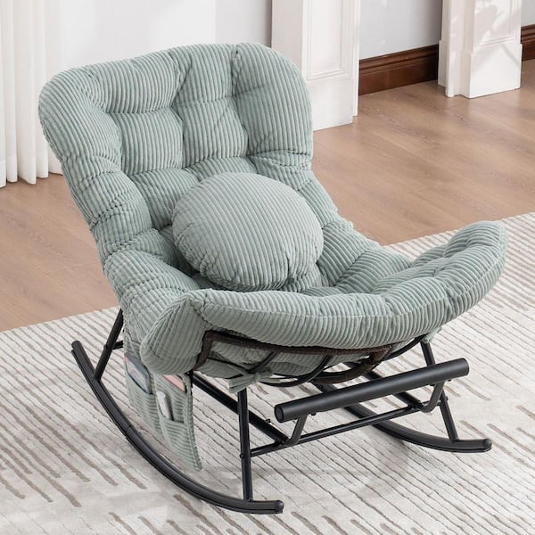Modern Mint Green Corduroy Upholstered Egg-shaped Leisure Rocking Recliner with Side Pocket and Retractable Footres