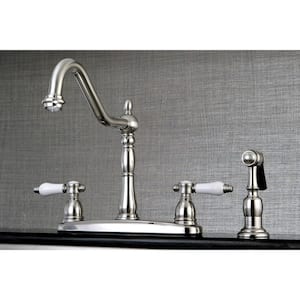 Victorian English Porcelain 2-Handle Standard Kitchen Faucet with Side Sprayer in Brushed Nickel