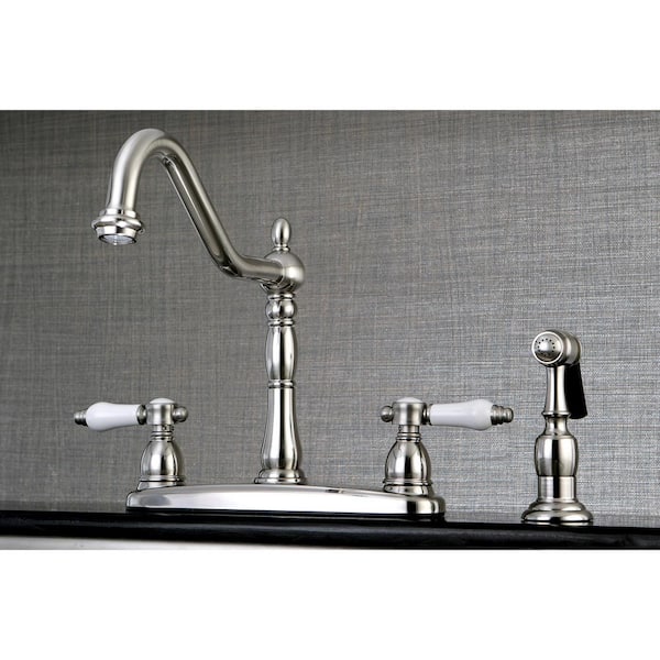 Victorian English Porcelain 2-Handle Standard Kitchen Faucet with Side Sprayer in Brushed Nickel