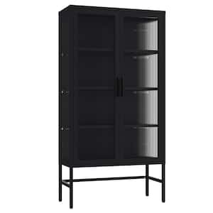 Modern Double Glass Door Display Case Black 3-Shelf Metal Pantry Organizer Storage Cabinet Sideboard Buffet Cabinet