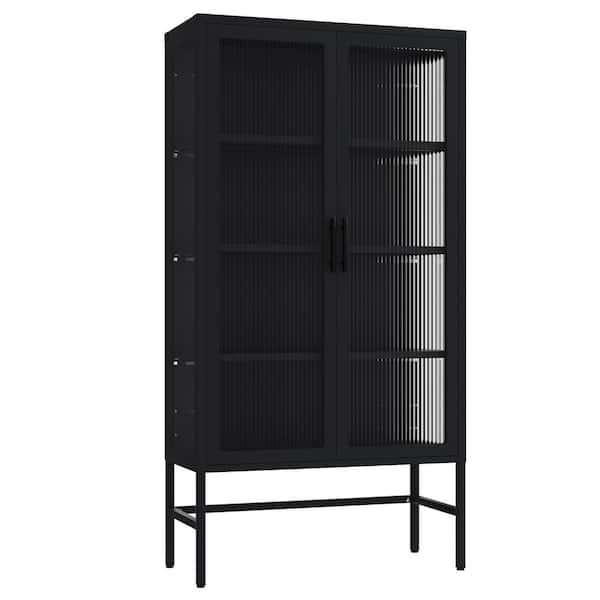 Unbranded Modern Double Glass Door Display Case Black 3-Shelf Metal Pantry Organizer Storage Cabinet Sideboard Buffet Cabinet