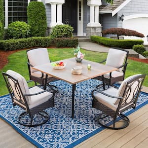 5-Piece Metal Patio Outdoor Dining Set with Square Brown Tabletop and Swivel Chairs with Beige Cushions