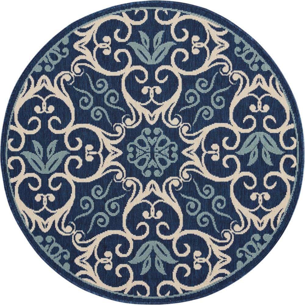 Nourison Caribbean Navy 4 ft. x 4 ft. Round Botanical Transitional