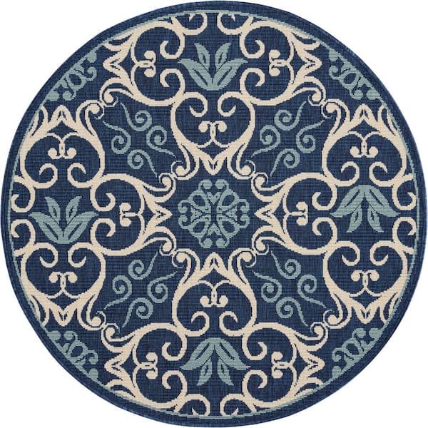 Nourison Caribbean Navy 4 ft. x 4 ft. Round Botanical Transitional Indoor/Outdoor Patio Area Rug