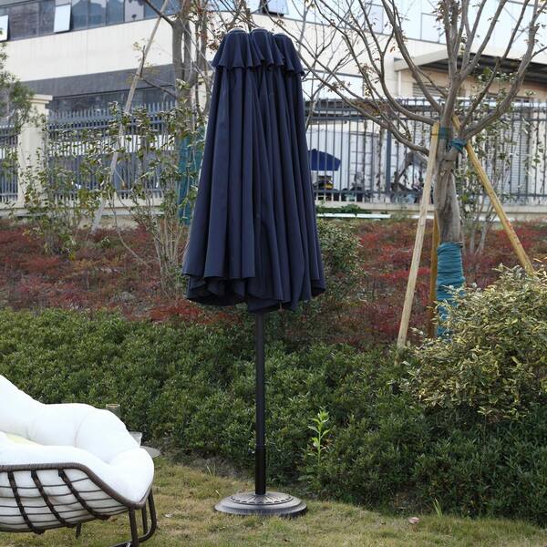 enclosed patio umbrella Runesay 14.8 ft. Market Patio Umbrella Double Sided Outdoor Umbrella Rectangular Large with Crank in Navy Blue