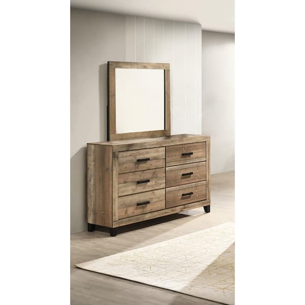 Cinna Weathered Brown Pine Color 6-Drawers 16.25 in W. Dresser With Mirror