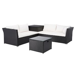 Helga Black Wicker Outdoor Patio Sectional with Beige Cushions