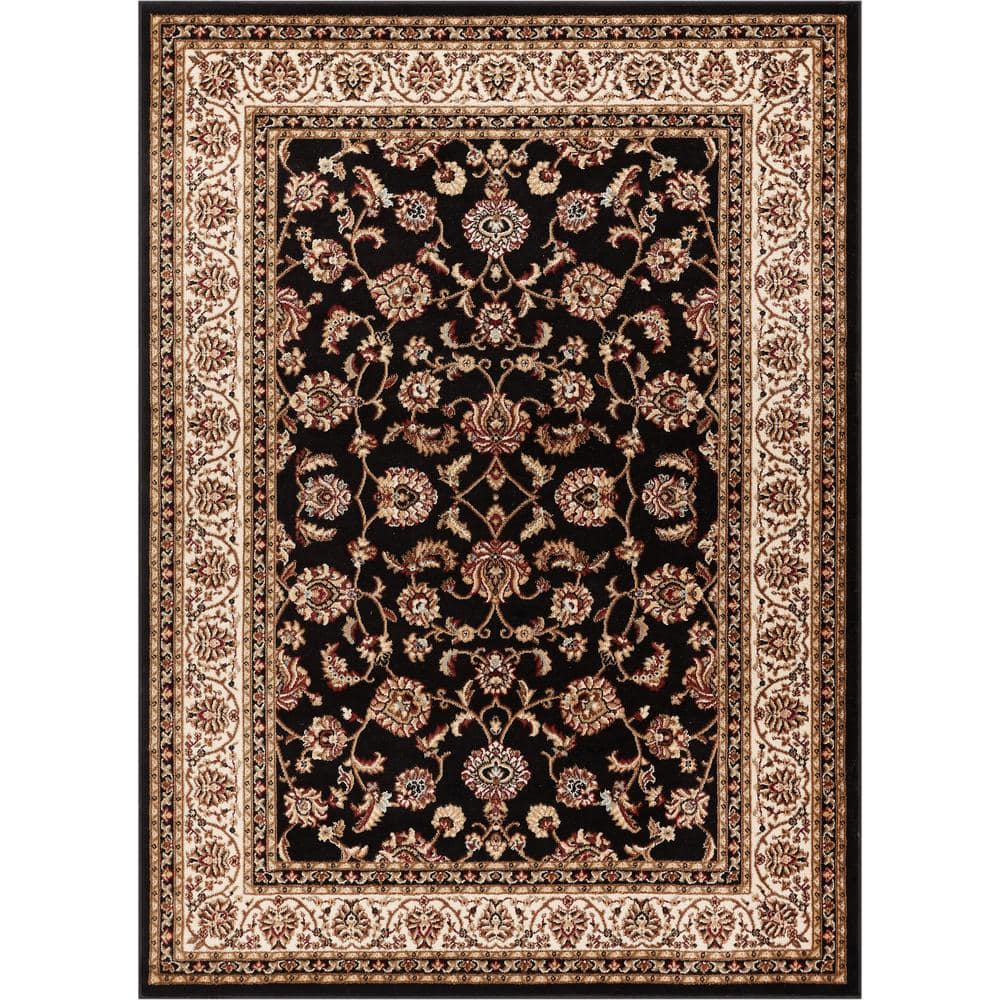 Black and Beige Rectangular Oriental Synthetic Area Rug