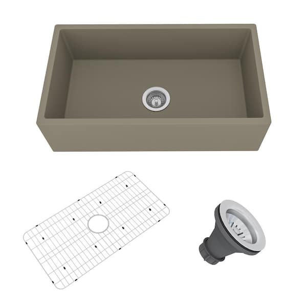 Boyel Living 33 in. Farmhouse/Apron-Front Single Bowl Taupe Clay S4 Concrete Kitchen Sink with Bottom Grid and Strainer Basket