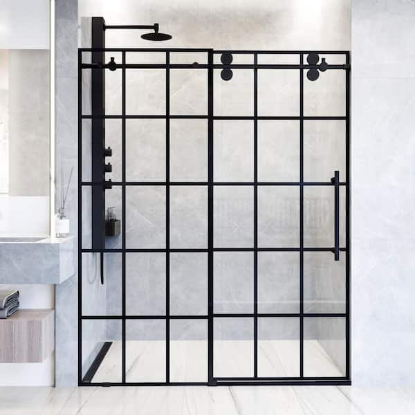 Elan 56 to 60 in. W x 74 in. H Sliding Frameless Shower Door in Matte Black with 3/8 in. (10mm) Clear Grid Glass