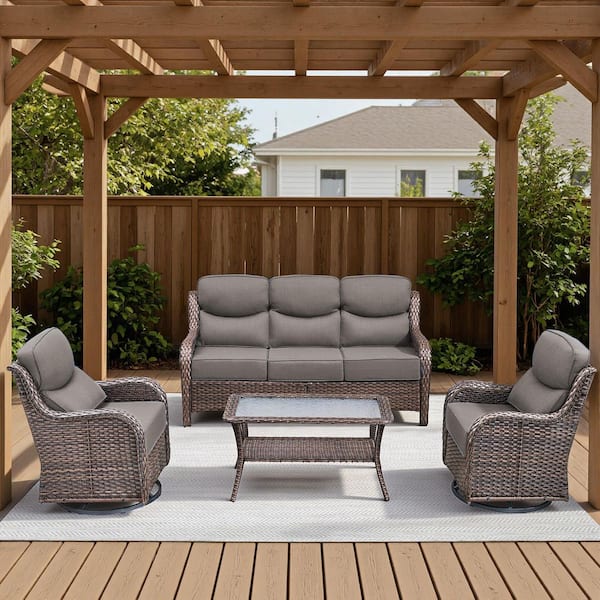 Arcadia Brown 4-Piece Wicker Patio Conversation Set with Swivel Gliders and 6 in. Thick Olefin Gray Cushions