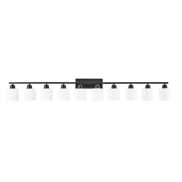 65.4 in. 10-Light Black Modern Vanity Light Over Mirror, Wall Sconces with Milky White Frosted Glass Shades