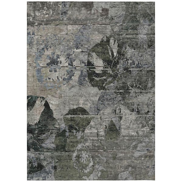 HomeRoots Gray Dark Green and Black 8 ft. x 10 ft. Woven Floral Rectangle Indoor/Outdoor Area Rug