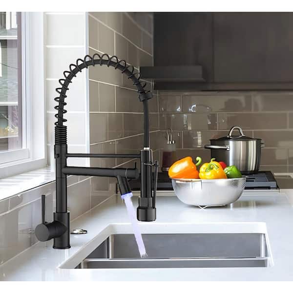 Double Handle Pull Down Sprayer Kitchen Faucet with LED Light,2-Spout in Matte Black