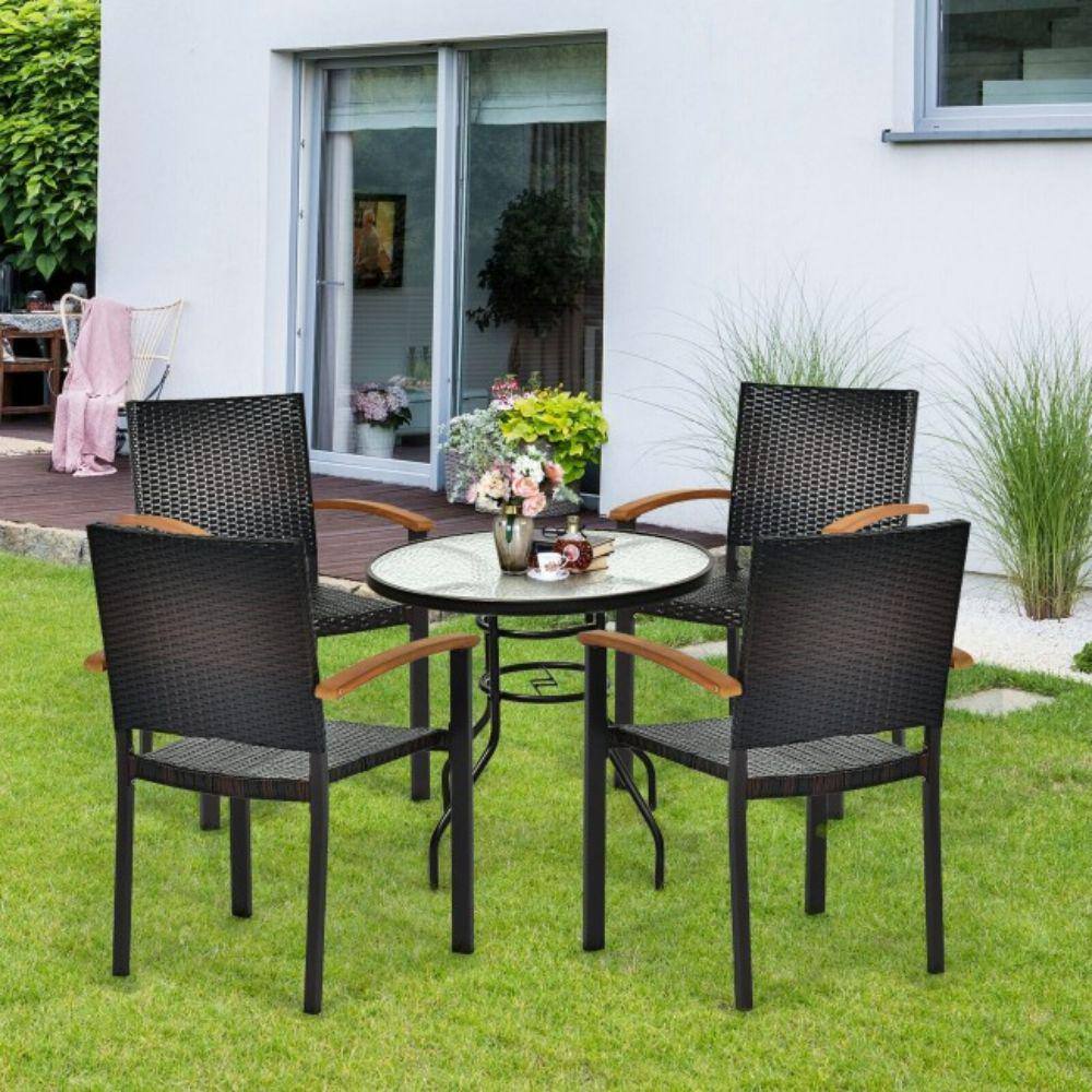 Black Wicker and Acacia Wood Stackable Outdoor Dining Chairs, Set of 4