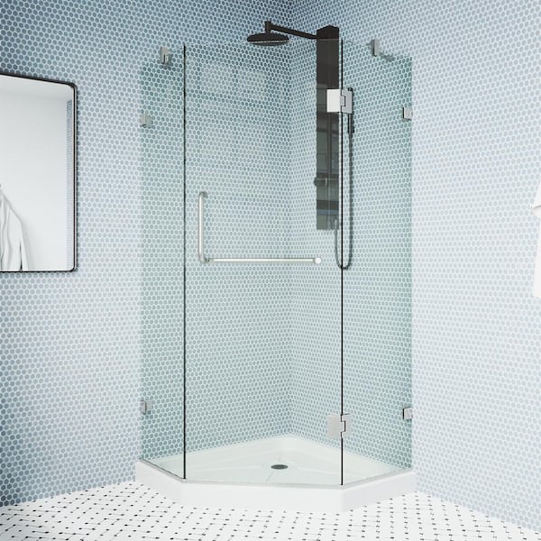 VIGO Piedmont 40 in. L x 40 in. W x 77 in. H Frameless Pivot Neo-angle Shower Enclosure in Brushed Nickel with Clear Glass