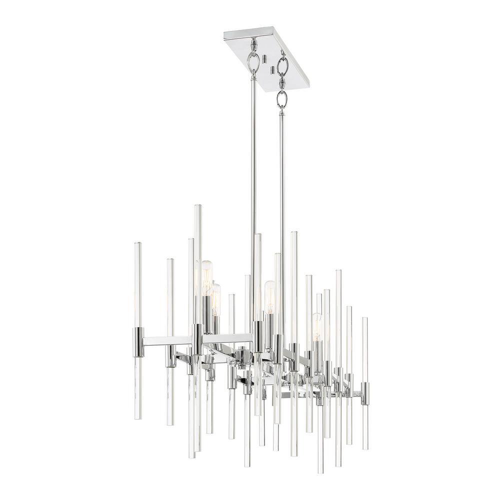 Transitional Chrome Pillar 6-Light Island Chandelier with Clear Glass Spires