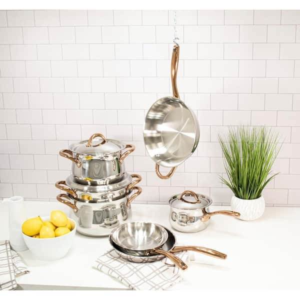 Ouro 11-Piece Stainless Steel Nonstick Cookware Set in Silver and Rose Gold