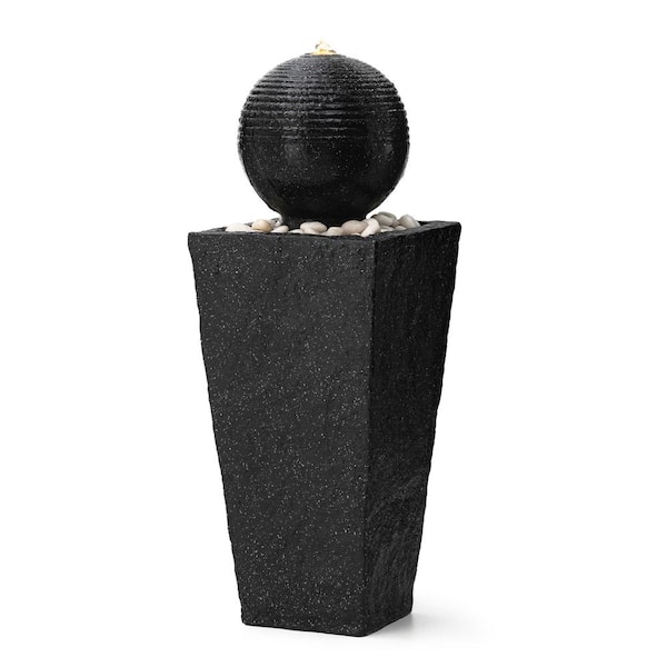 31.75 in. H Outdoor Modern Black Geometric Pedestal and Sphere Polyresin Floor Fountain with Pebbles, Pump and LED Light