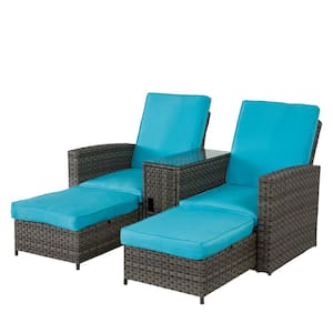 5-Piece Rattan Iron Wicker Outdoor Chaise Lounge Recliner Back Adjustable with Blue Cushions