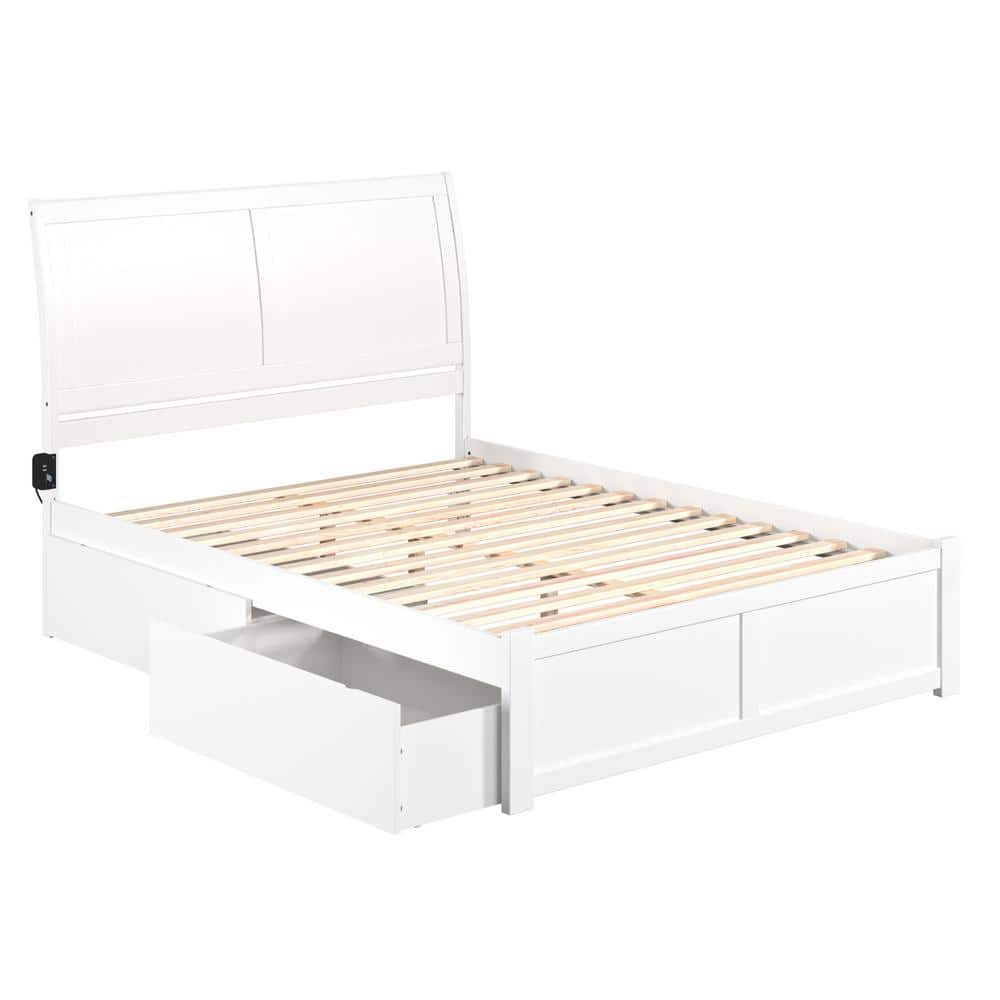 White Queen Wood Platform Bed with Storage Drawers