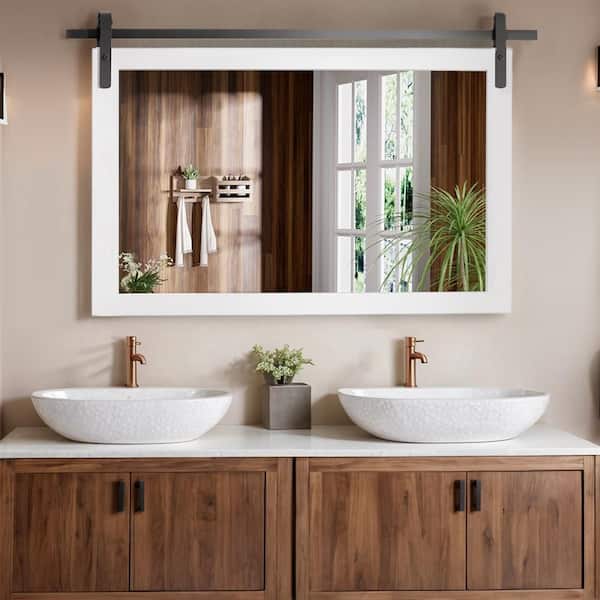 CLAVIE 40 in. W x 26 in. H Medium Rectangular Mirror Wood Framed Wall Mounted Mirrors Bathroom Vanity Mirror in White