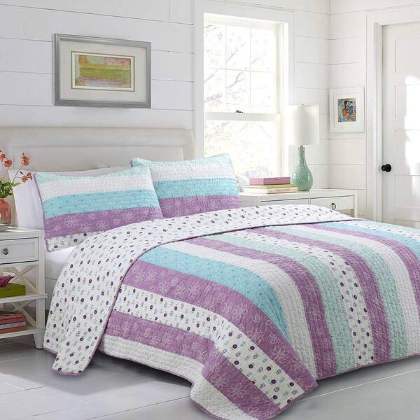 Blue Cotton Queen Quilt Bedding Set, Lavender Bedding King Size
