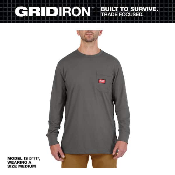 Milwaukee Men's Large Gray GRIDIRON Cotton/Polyester Long-Sleeve Pocket T-Shirt