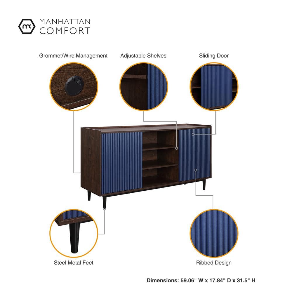 Duane 59" Dark Brown and Navy Blue Ribbed Sideboard