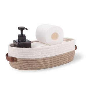 Freestanding Woven Storage Basket for Toilet Tank Top, Bathroom, Table and Counter in Brown Stitching White 1 pack