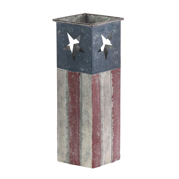 Alpine Corporation 12 in. Tall Indoor/Outdoor Rustic Metal American Flag Decorative Planter, Small