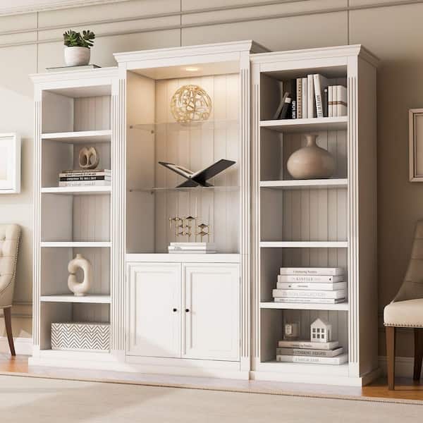 White 78.75 in. Tall 3-Piece Wood Standard Bookcase with 5 Colors Adjustable LED Light and tempered glass shelves