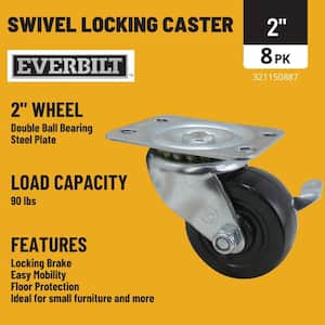 2 in. Black Soft Rubber and Steel Swivel Plate Caster with Locking Brake and 90 lbs. Load Rating (8-Pack)