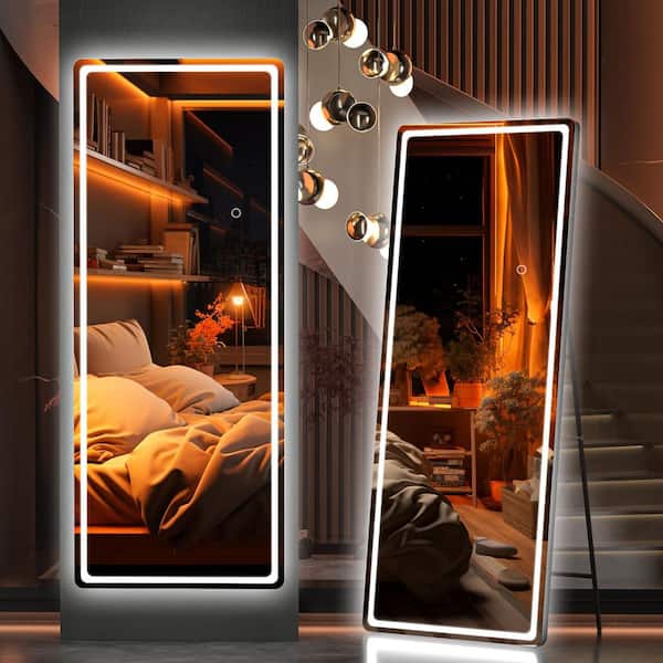 Vosuja Black 56 in. W x 20 in. H Rectangle Full Length Mirror with Lights Standing, Hanging Mounted for Living Room Bedroom
