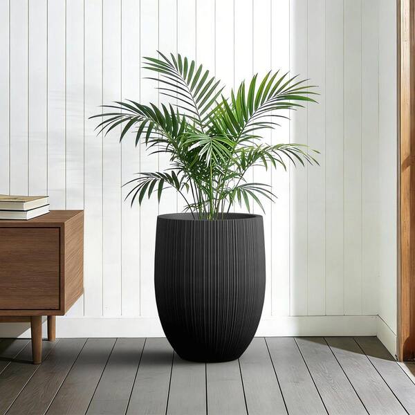 DurX-litecrete 17 in. Large Matte Black Concrete Round Fluted 