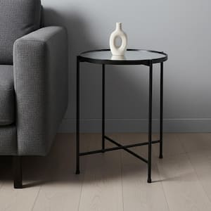 19.69 in. Black, Silver Round Mirrored Glass End Table