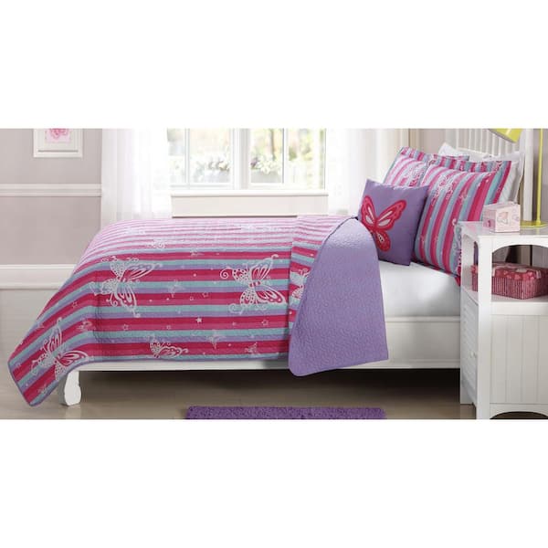 Unbranded Butterfly Striped Pink Queen Quilt Mini Set with Bonus Decorative Pillow
