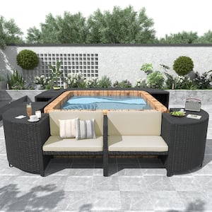 Quadrilateral Wicker Armless Middle Outdoor Sectional Chair Set with Wooden Seats, Storage Spaces, Beige Cushion