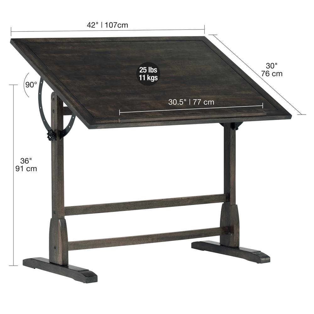 Distressed Black Vintage Solid Wood Drafting Table with Adjustable Top 42"x30"