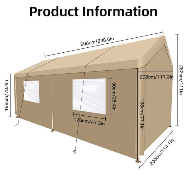 Zeus & Ruta 10 ft. x 20 ft. Khaki Portable Carport Garage Tent