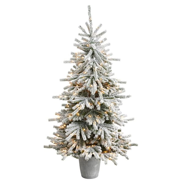 Nearly Natural 6 ft. Flocked Long Vermont Pine Artificial Christmas Tree with 758 Bendable Branches and 250 LED Lights in Planter