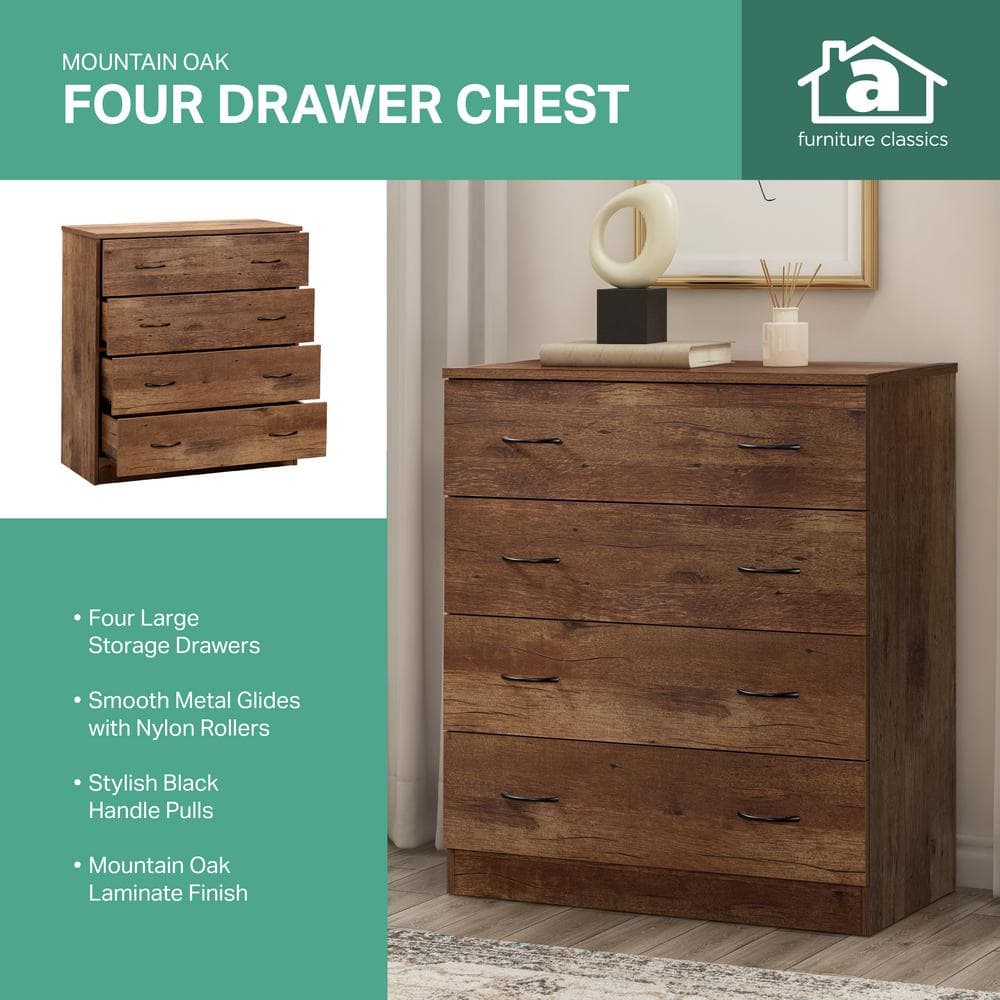 Mountain Oak Four Drawer Chest with Black Pulls