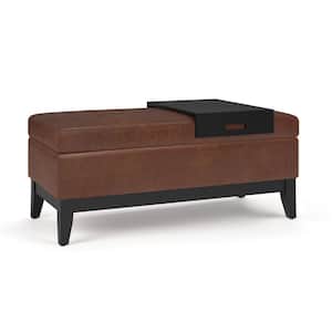 Oregon 42 in. Wide Transitional Rectangle Storage Ottoman Bench with Tray in Distressed Saddle Brown Vegan Faux Leather