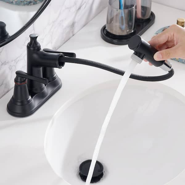 4 in. Centerset Double Handle Bathroom Faucet with Pull out Sprayer Drain Kit Included in Matte Black