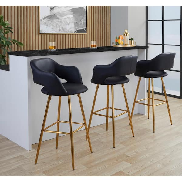 Lumisource Margarite 29 in. Black Faux Leather and Gold Metal Fixed-Height Bar Stool with Square Footrest (Set of 2)