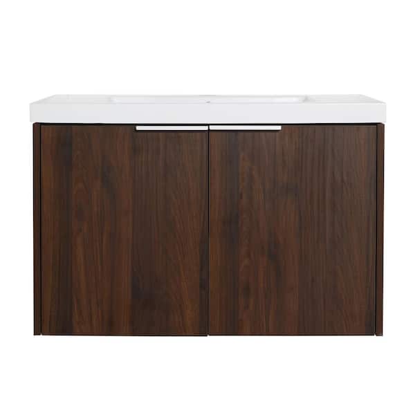 30 in. Wall-Mounted Single Brown Bath Vanity with White Resin Vanity Top Unassembled