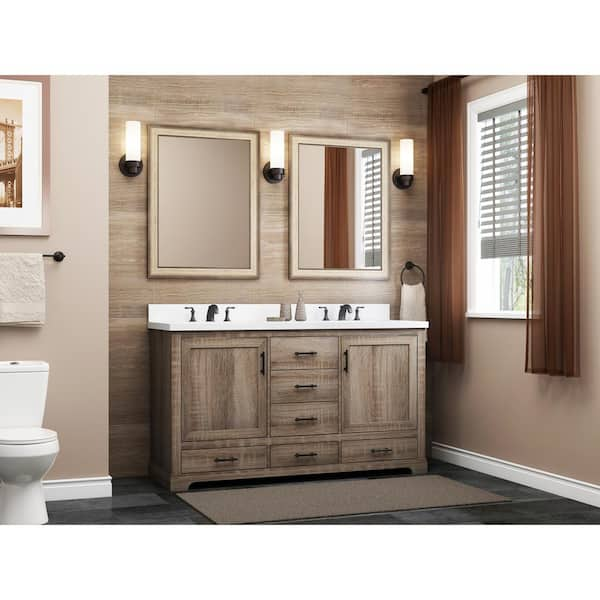 Glacier Bay Kendall 60 in. W x 34.5 in. H Bath Vanity in Distressed Oak with Engineered Stone Vanity Top in White with White Basin