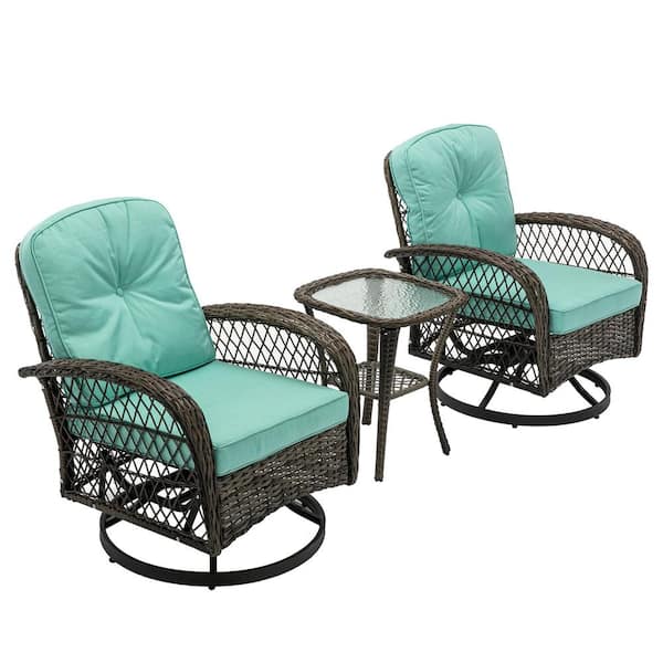 Alpulon 3-Piece Brown Wicker Patio Conversation Set Outdoor Rocking Chair with Blue Cushions