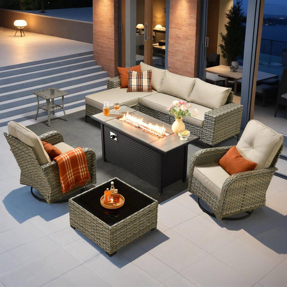 Stellaray 9 Pieces Wicker Outdoor Patio Rectangular Fire Pit Set and Swivel Rocking Chairs with Beige Cushions